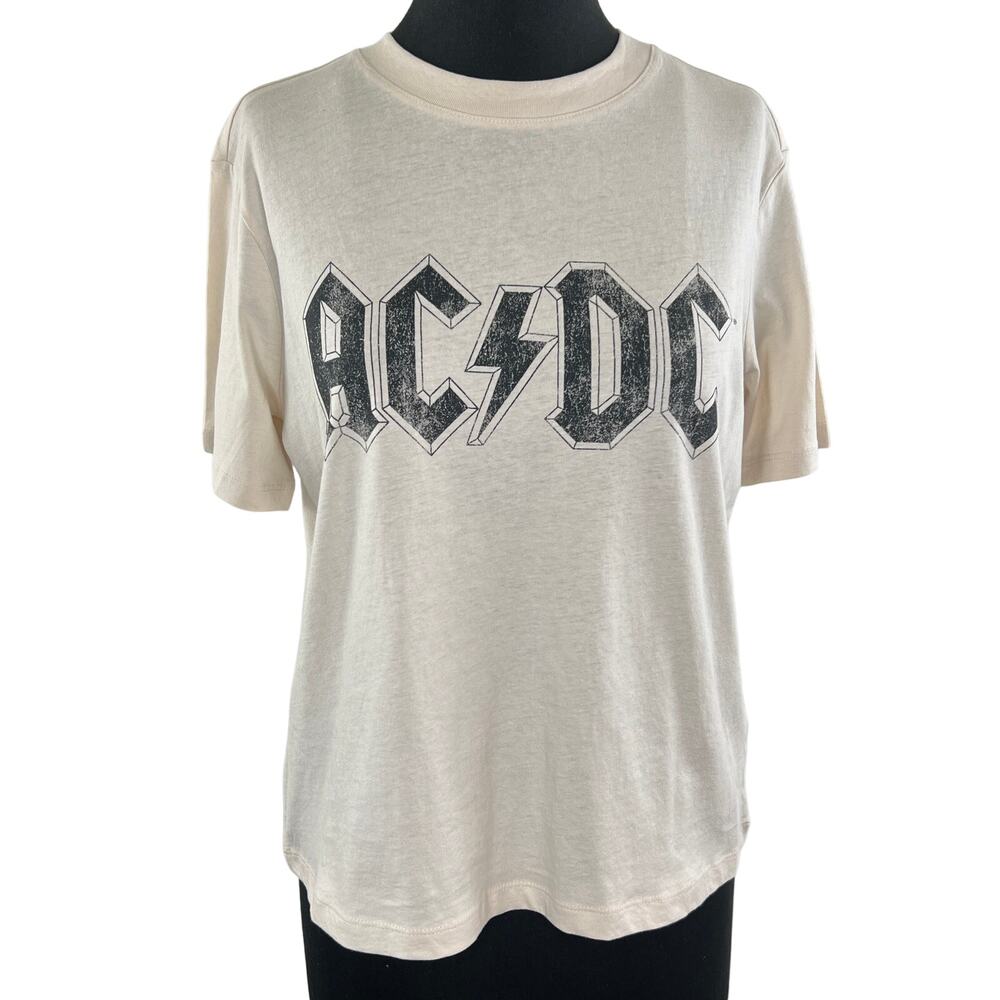 AC/DC x H&M Cream Short Sleeve Crewneck Cotton Graphic Print Tee Size S Small